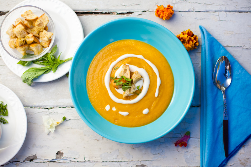 roasted butternut squash soup with pesto croutons