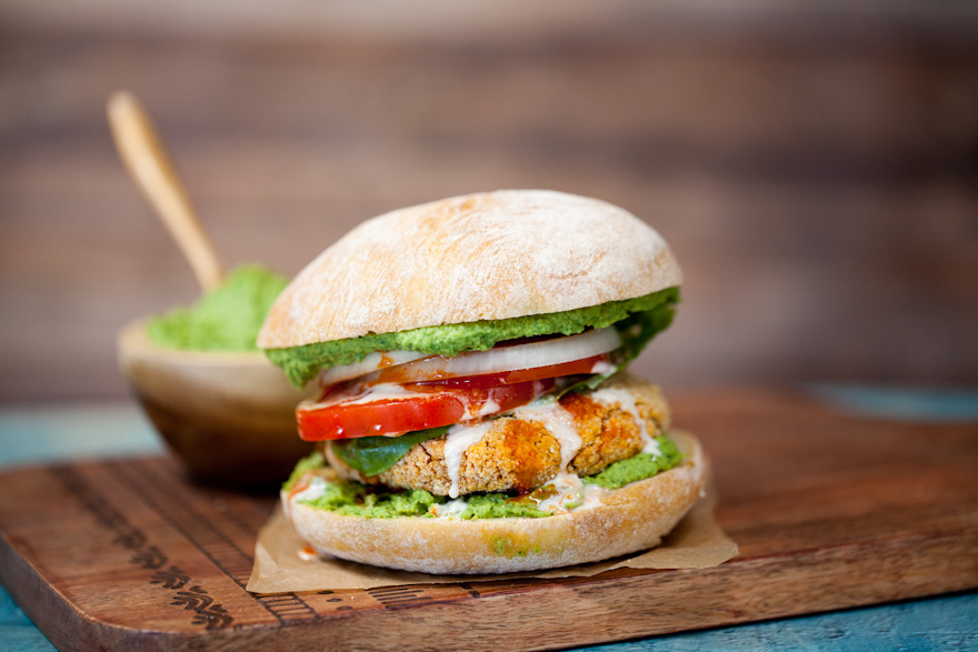 DELICIOUS Sweet Potato Falafel Burgers | An easy vegan dinner | Hearty healthy sandwich | Topped with parsley hummus and tahini | Mediterranean comfort food