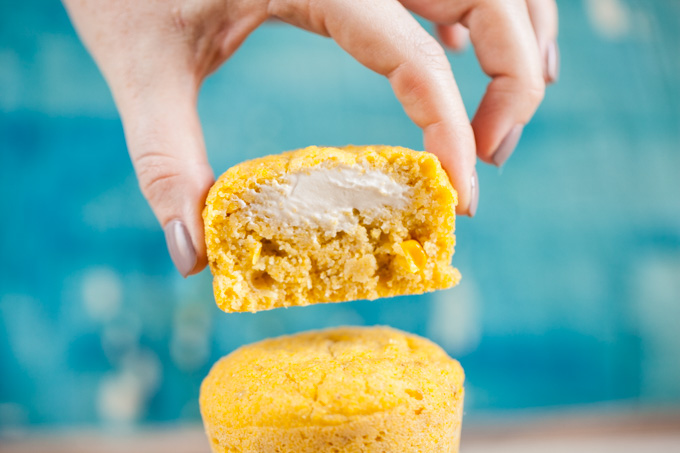 EASY 1-BOWL Vegan Cornbread Muffins! Stuffed with cream cheese + EASY to make with simple ingredients. Perfect for holiday meals, Thanksgiving, or a kid-friendly snack