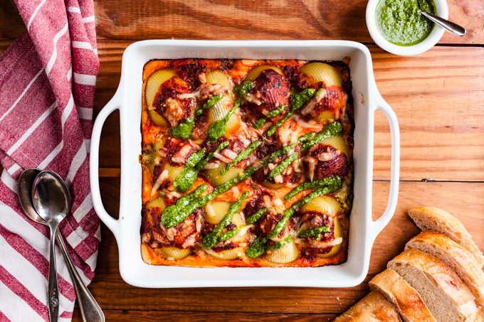 AMAZING Vegan Pesto Stuffed Shells. Easy plant-based pasta recipe perfect for a weeknight dinner. Only 10 ingredients + BIG flavor.