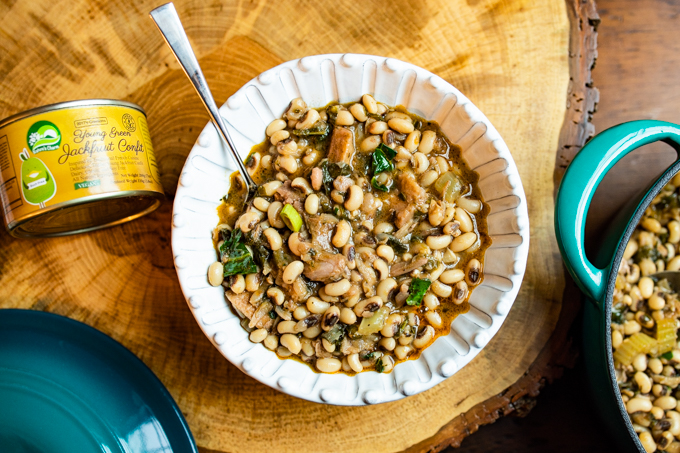 Vegan black eyed peas recipe with kale and jackfruit confit | Healthy gluten-free stew perfect for New Year's